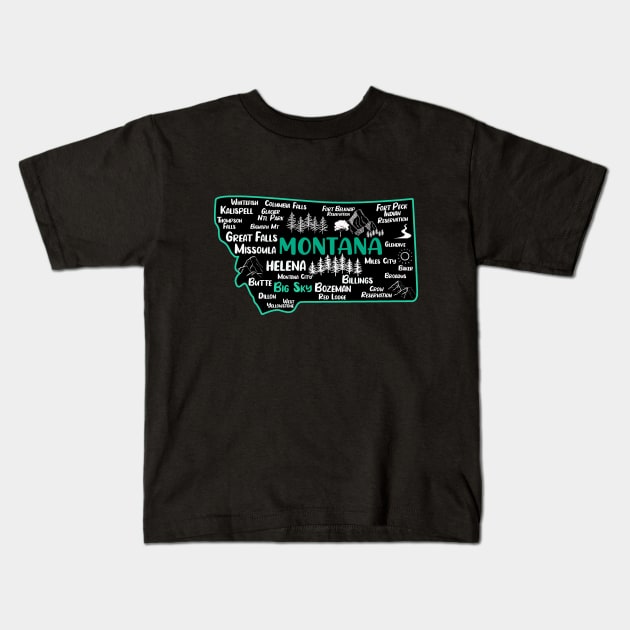 Cute map of Big Sky Montana, Helena, Missoula, Great Falls, Bozemian, Billings, Kalispell Kids T-Shirt by BoogieCreates